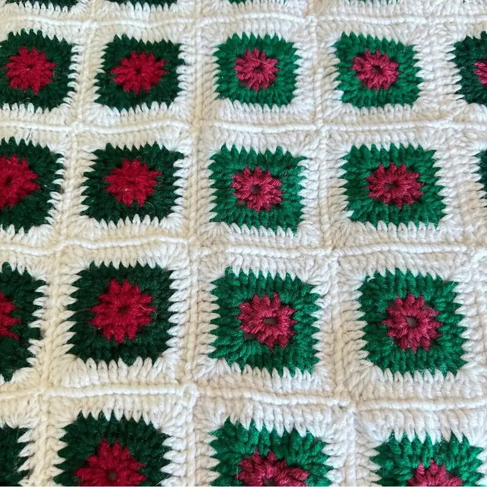VTG Handmade Crochet Granny Square Blanket Afghan Throw LG Green White 72 X 68